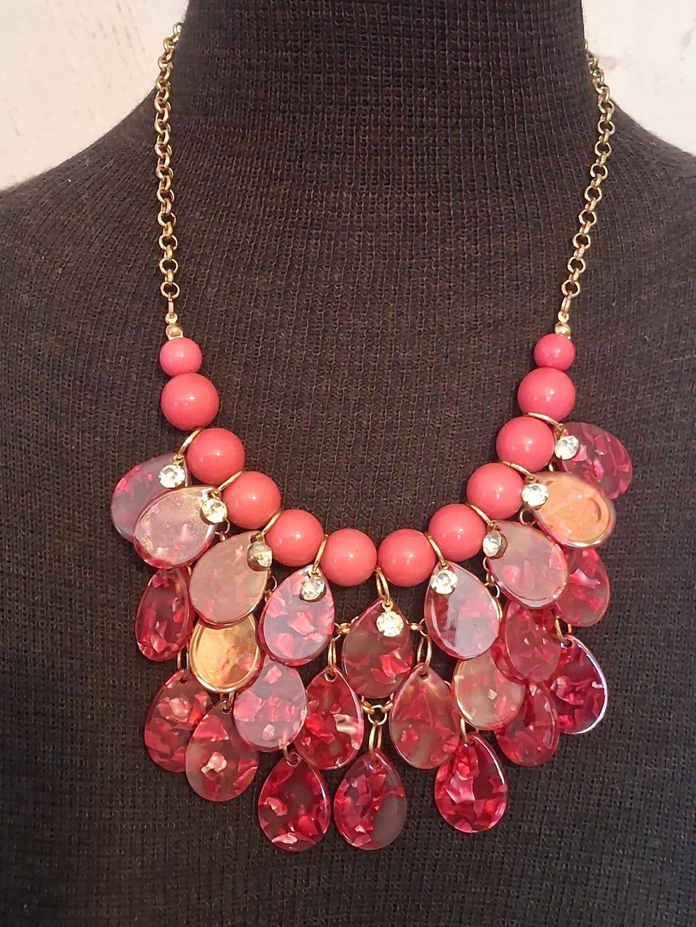 Goldtone Chain With Pink Teardrops Statement Necklace - Women Jewelry